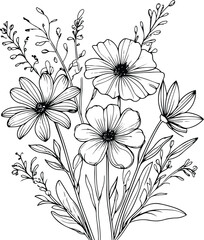 A simple yet elegant floral design for an adult coloring page, featuring natural flowers with clean lines and minimal details in black on white background 2.eps
