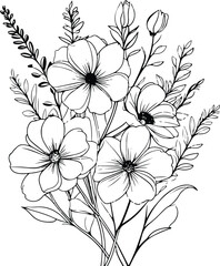 A simple yet elegant floral design for an adult coloring page, featuring natural flowers with clean lines and minimal details in black on white background 3.eps