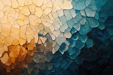 Abstract art depicting a cracked surface transitioning from warm earth tones to deep blues and greens.