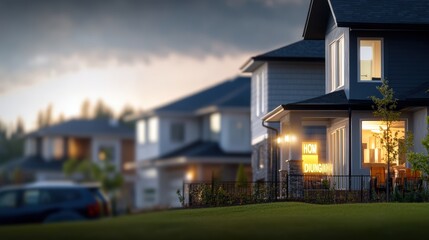 Serene Evening at a Modern Suburban Home with Illuminated Windows