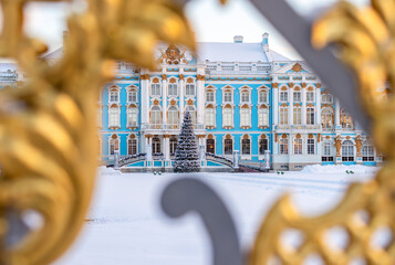 Saint Petersburg, Russia - January 05, 2025: View of the Catherine Palace through the gilded...