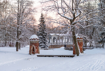 View of the Turkish (Red) Cascade and the Marble Bridge in the Catherine Park in early spring,...