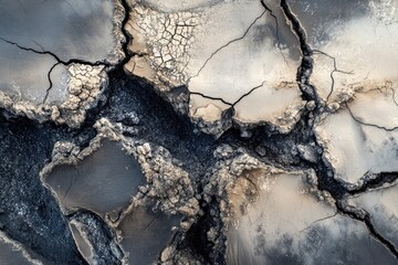 Cracked earth reveals dark fissures, a stark image of drought or tectonic activity.