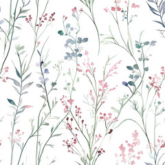 Delicate floral pattern with soft colors on a white background, featuring various leaves and small flowers.