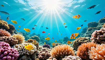 Vibrant tropical fish swimming in coral reef, underwater beauty