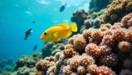 Obraz premium Vibrant yellow wrasse swimming among colorful coral, underwater life