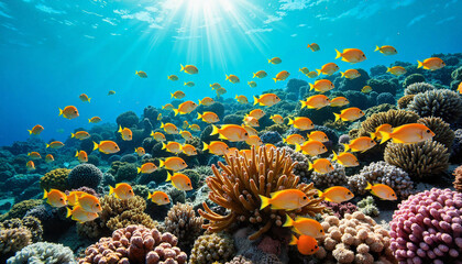 Colorful anthias school swimming in coral reef, vibrant marine life