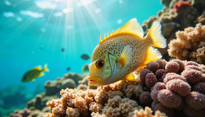 Colorful fish grazing on coral reef, marine beauty