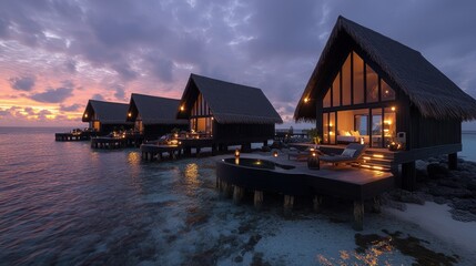 Obraz premium Luxurious overwater bungalows at sunset.