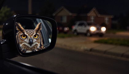 Owl reflecting in car mirror at night, nocturnal grace
