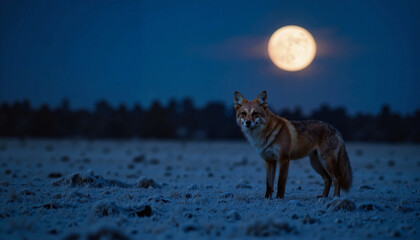 Fototapeta premium Fox silhouette under full moon in frosty landscape, nocturnal beauty
