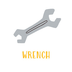Flesh card of wrench in cartoon style on a white background. Work tool for home repair. Construction themed vector illustration, demonstrative card for kindergarten, school