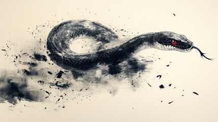 Black Brush Strokes Art of a Snake with Red Eyes and Motion Effect