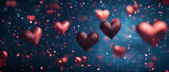A Glittering red hearts float in dreamy blue background, creating romantic atmosphere