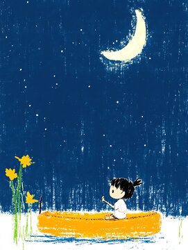 Charming Child Serenely Drifts on a Starlit Night; Whimsical Illustration Children Book Cover. AI Generated