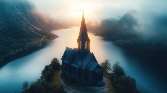 Majestic church nestled on an island, surrounded by a tranquil lake and misty mountains at sunrise. - Powered by Adobe