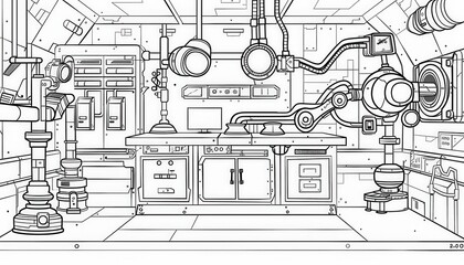 A futuristic laboratory or spaceship interior rendered in a simple line art style. Ideal for coloring pages, activity books, or educational resources on space or science.