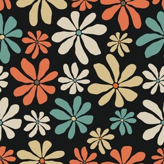 Groovy matisse flowers seamless pattern, retro wall art, 60s,70s, scrapbooking design paper