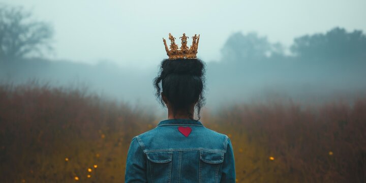 A young woman wearing a crown stands gracefully in a misty field, embodying mystery and serenity.