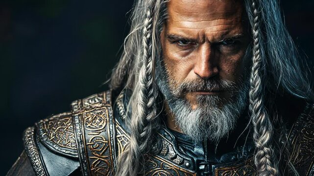Viking warrior king with gray hair and beard staring intensely