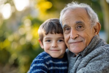 An elderly man and a young boy share a heartwarming hug, capturing the essence of family love.