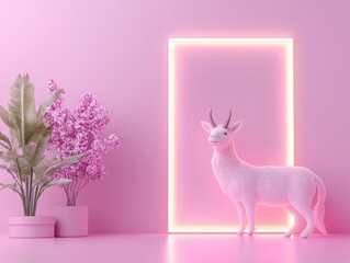 Fototapeta premium A whimsical scene featuring fluffy white goat in pink room with vibrant plants and flowers