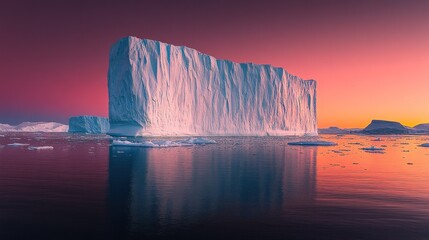Majestic icebergs in a vibrant sunset.