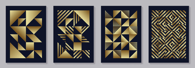 Fototapeta premium Set of gold and black geometric vector pattern posters with 20s geometric design. Trendy bauhaus pattern background for cover design, poster and interior. Retro illustration.