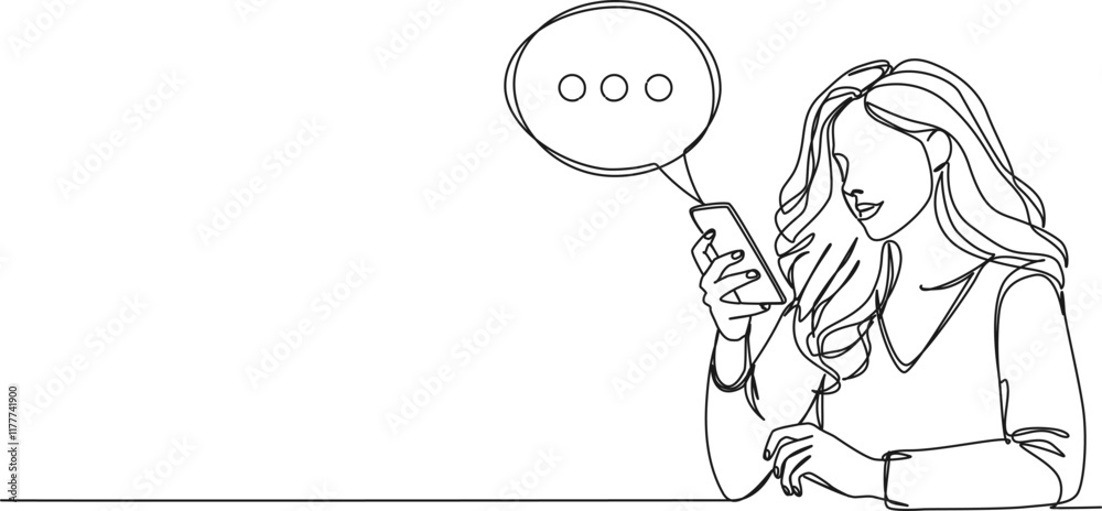 Wall mural continuous line drawing of young woman communicating using smartphone, line art vector illustration