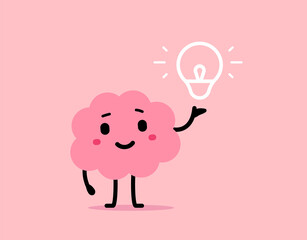 Vector cartoon illustration of cute happy kid brain character with light bulb in hand on pink color background. Flat doodle line style design of smile brain think creative idea