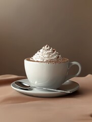 Delicious coffee with whipped cream and chocolate sprinkles presented in a rustic cup on a beige background. Generative AI