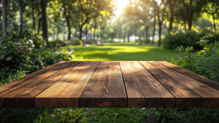 Naklejka premium Nature-inspired wooden table with blurred greenery in the background, perfect for showcasing products