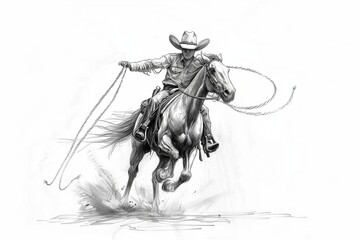 A dynamic sketch of a cowboy riding a horse, expertly lassoing with skill and precision in an action-packed scene.