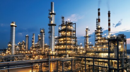 Fototapeta premium Industrial Oil Refinery at Dusk with Illuminated Structures