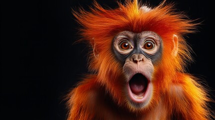Fototapeta premium A surprised-looking primate with bright orange fur against a black background.