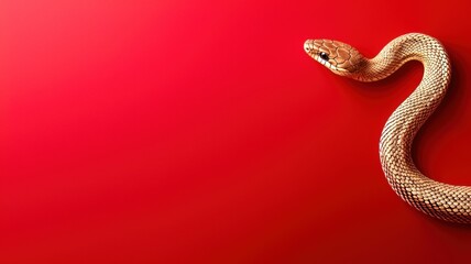 Obraz premium A golden snake slithers across a vibrant red background, showcasing its textured scales and sleek form in a captivating display Chinese New year, Lunar, year of Snake.