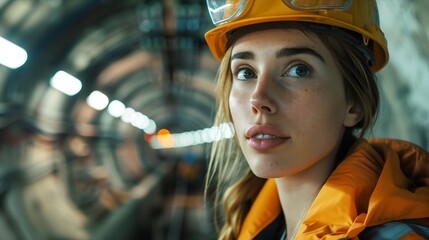 A female engineer in safety gear inside a tunnel, focused on her work amidst machinery and construction elements.
