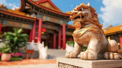 Fototapeta premium A detailed stone lion statue stands prominently in front of a traditional Asian building, showcasing intricate designs against a bright blue sky Chinese New year, Lunar, year of Snake.