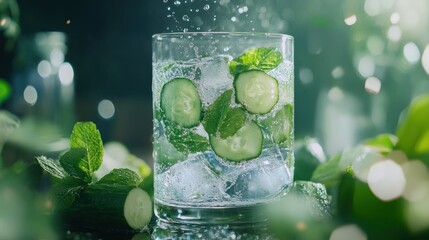Refreshing cucumber mint beverage with crystal clear ice cubes, capturing vibrant colors and fresh ingredients in a bright and inviting setting