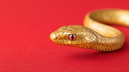 Obraz premium A close-up of a golden snake with striking red eyes, coiled against a vibrant red background, showcasing its sleek scales and captivating features Chinese New year, Lunar, year of Snake.