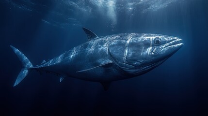 Fototapeta premium Majestic tuna underwater, sunlight beams.