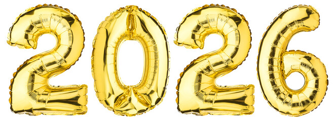 2026 Happy New Year celebration. Helium balloon. Golden Yellow foil color. Numbers Two 2, six 6, Zero 0. Good for Party, greeting card, Advertising, Anniversary. Christmas 2026. Isolated background