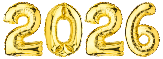 2026 Happy New Year celebration. Helium balloon. Golden Yellow foil color. Numbers Two 2, six 6, Zero 0. Good for Party, greeting card, Advertising, Anniversary. Christmas 2026. Isolated background