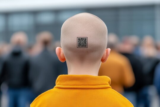 QR code on the back of the boy's head outdoors. Digital slavery, digital prison camp social problem of the future concept - Powered by Adobe