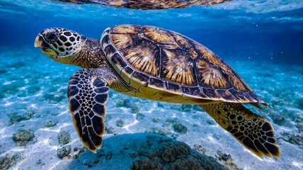 Turtle swimming in the ocean. Turtle is brown and black. Water is blue. Generative AI.