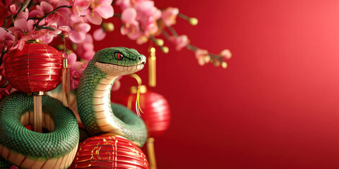 Fototapeta premium Cute green snake, Chinese new year celebration, orchid flower, red china lantern, red background. High quality, high detailed.