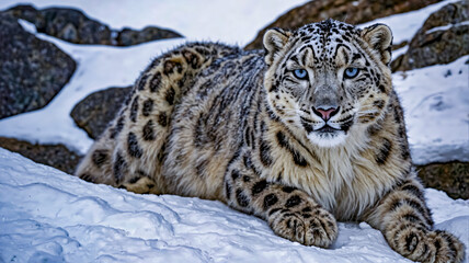 Fototapeta premium A snow leopard is laying on a rock in the snow. The animal is looking at the camera with a curious expression