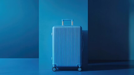 A clean and stylish blue suitcase set in contrast to a vivid blue backdrop, creating a modern and sophisticated travel scene.