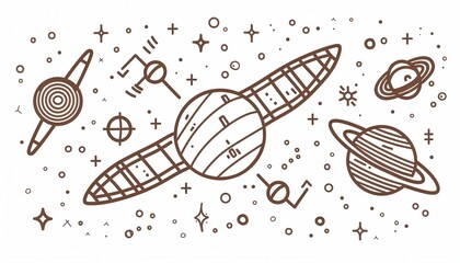 Hand-drawn space doodle with planets and stars. Ideal for kids' educational materials, website backgrounds, or social media graphics.