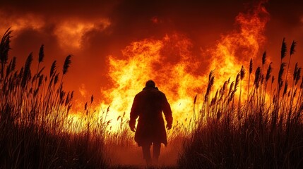 Fototapeta premium Man walking towards wildfire in field.